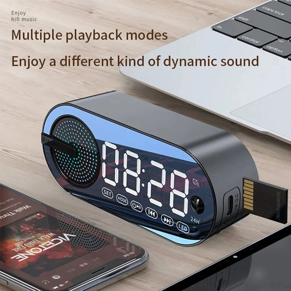 Wireless Bluetooth Speaker with LED Mirror Digital Alarm Clock & RGB Display