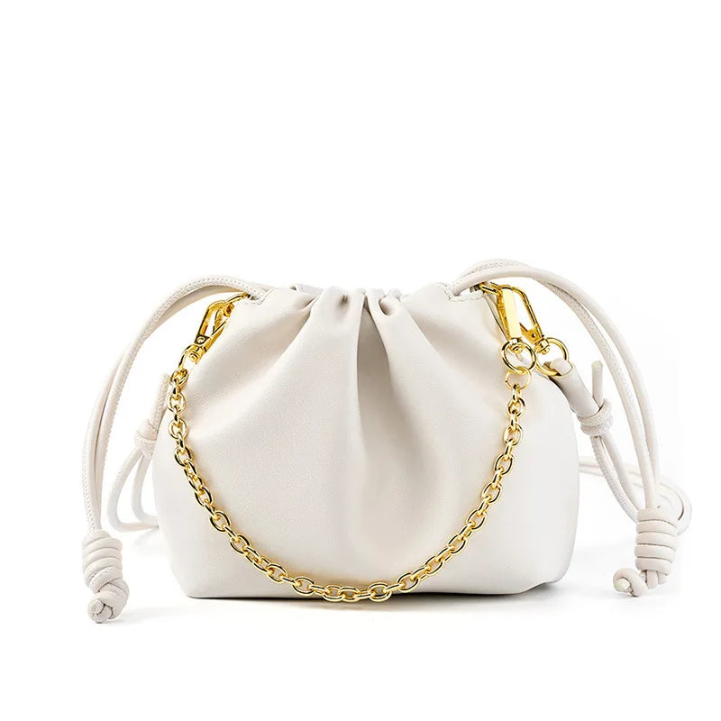 Leather Cloud Chain Handbag - Small Luxury Pleated Bucket Bag