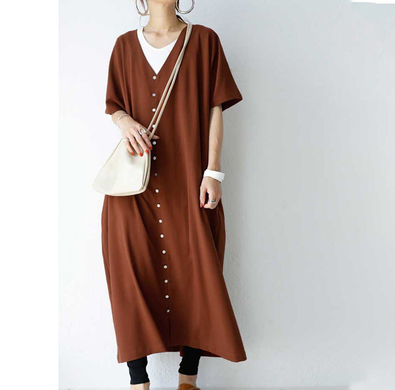 Japanese Summer Short Sleeve V-neck Shirt Dress