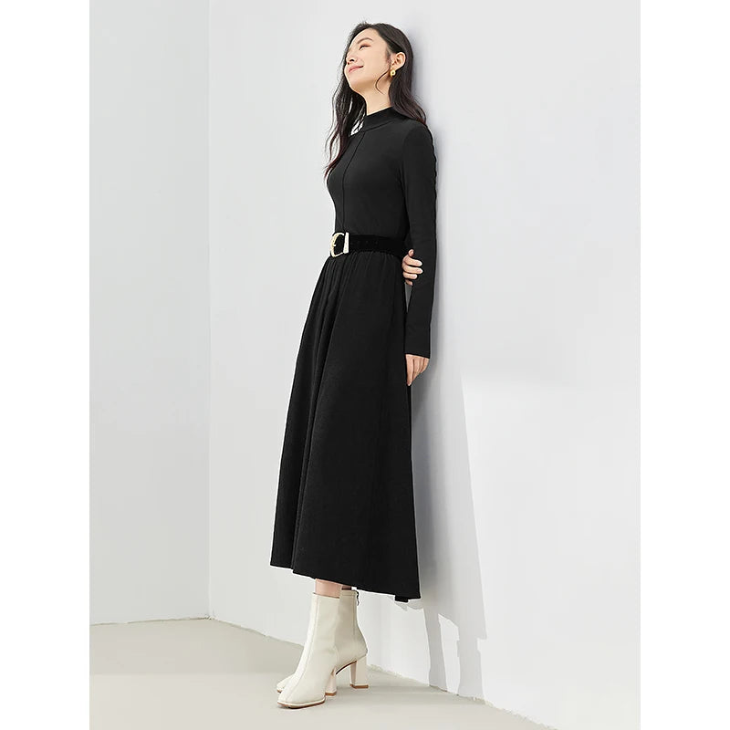 Women's Winter Long Sleeve Half High Collar Black Corduroy Dress