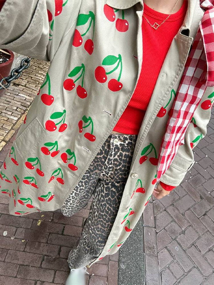 European And American New Elegant Khaki Fruit Printed Lapel Coat