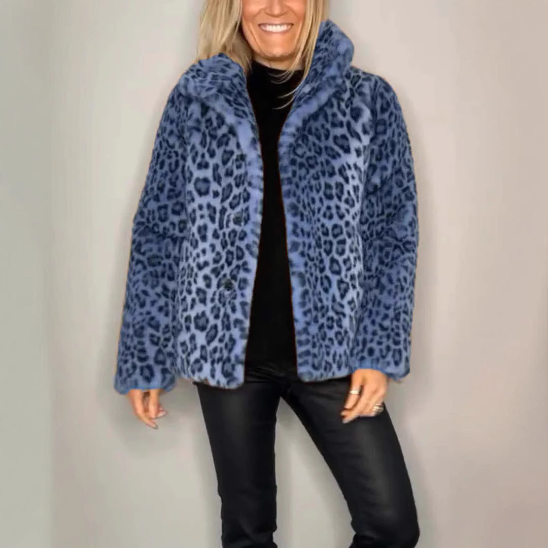 Winter New Women's Fashionable Leopard Print Lapel Faux Leather Woolen Top