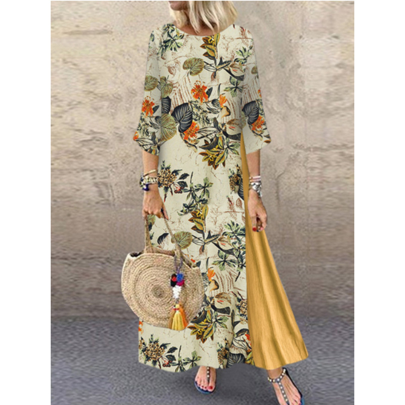 Femmes Floral Print O-Neck 3/4 Sleeve Casual Belted Maxi Robes