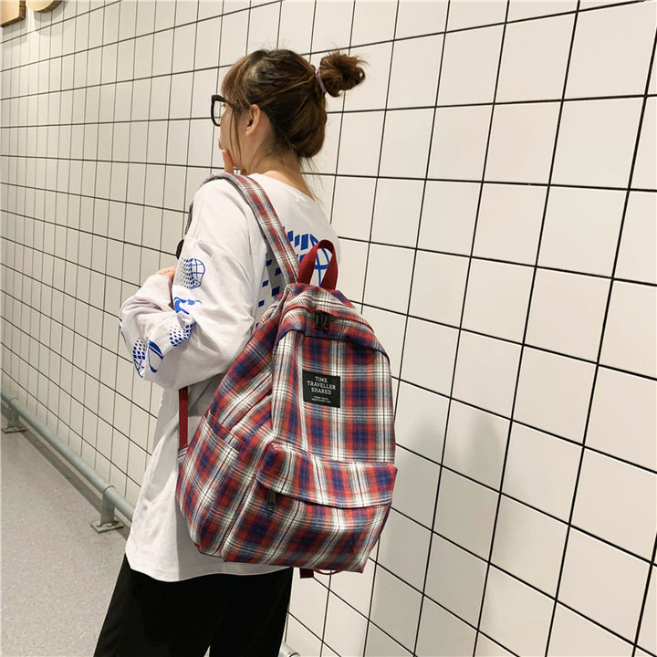 Korean Style Plaid Canvas Casual Schoolbag Simple And Fashionable