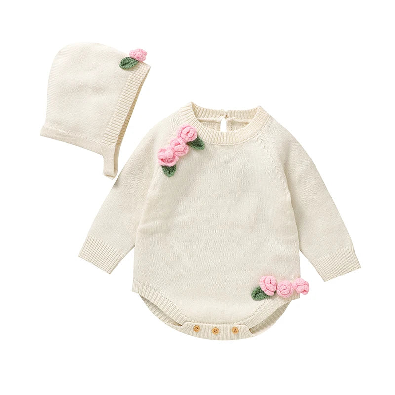 Newborn Baby Girl Long Sleeve Knit Bodysuit with 3D Floral Hat – 2pc Outfit Set