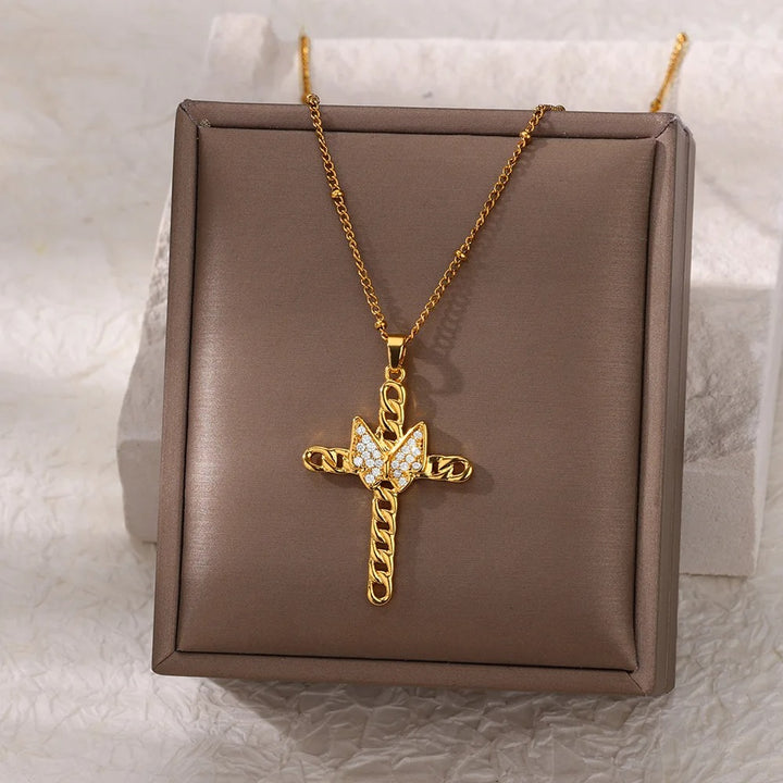 Butterfly and Cross Pendant Necklace