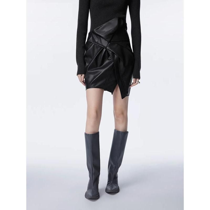High Waist Asymmetrical Black Faux Leather Mini Skirt
