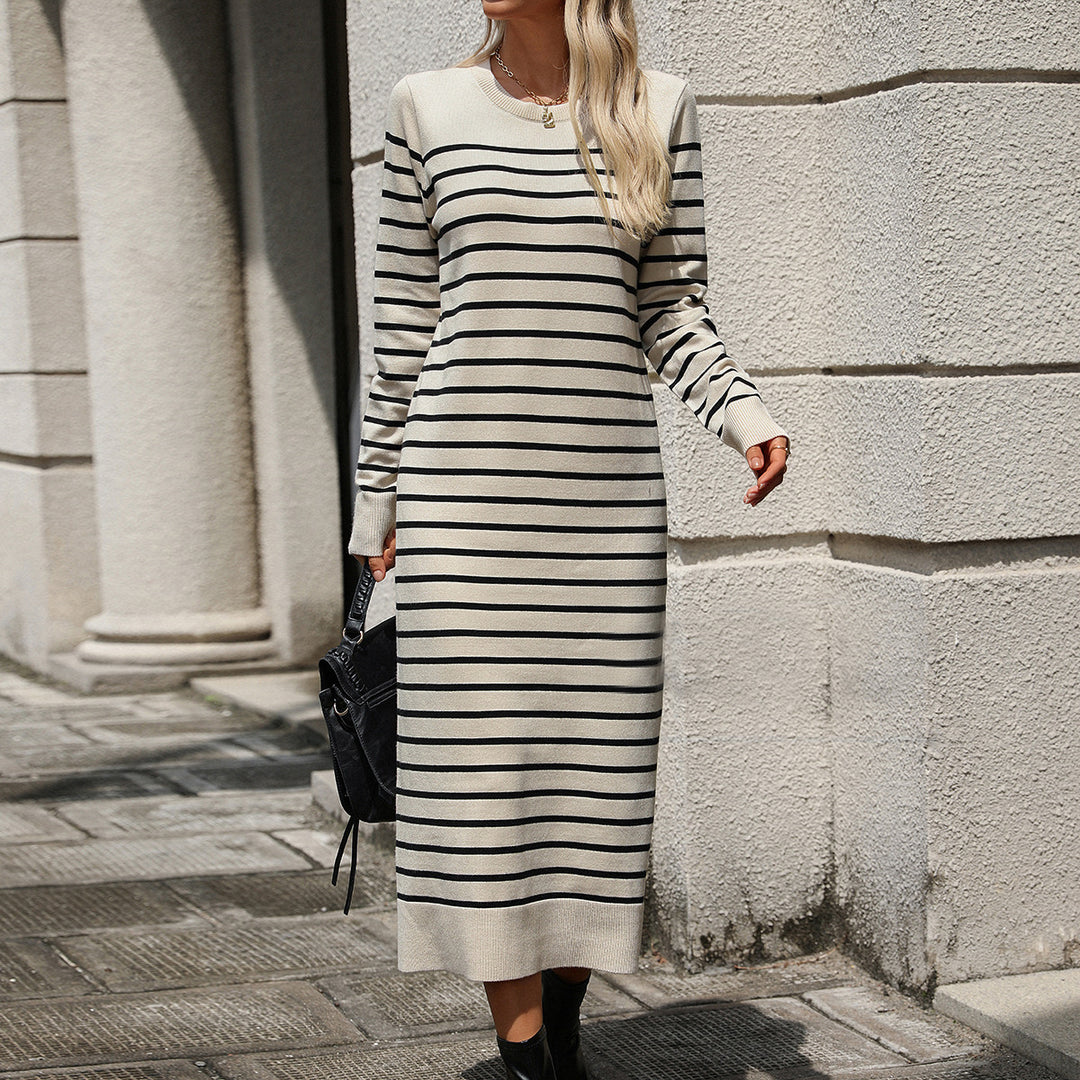 Slim Striped Printed Long Dress Fashion Autumn And Winter Long Sleeve Dresses For Womens Clothing