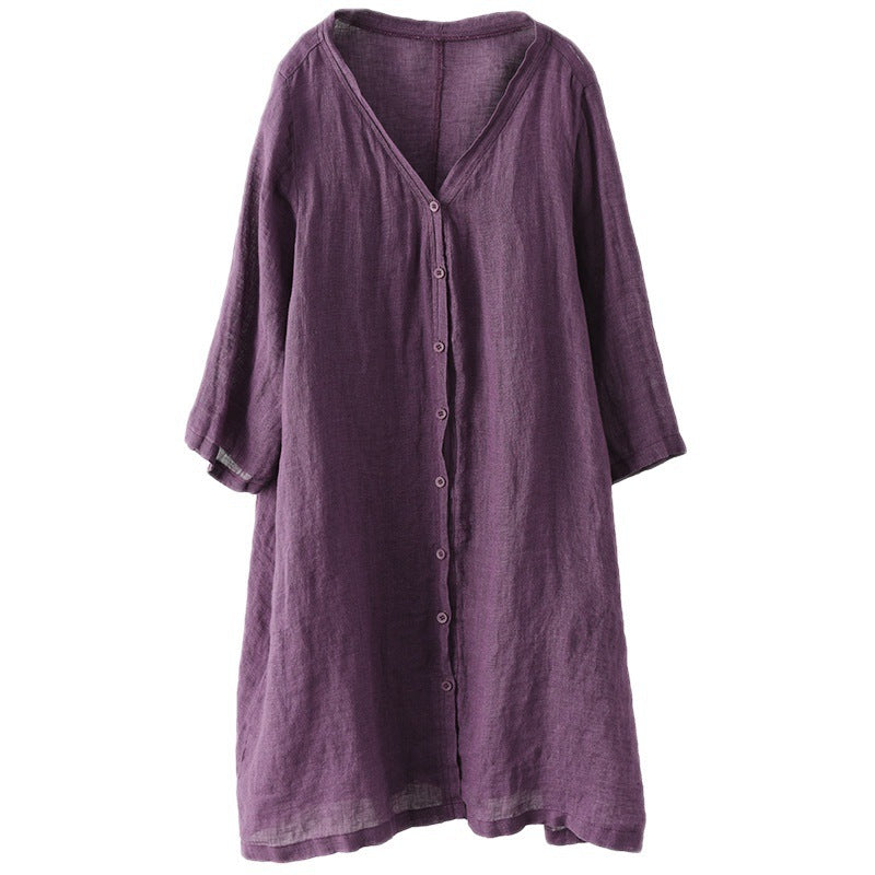 Artistic Plus Size Loose Mid-length Cotton And Linen Shirt Solid Color