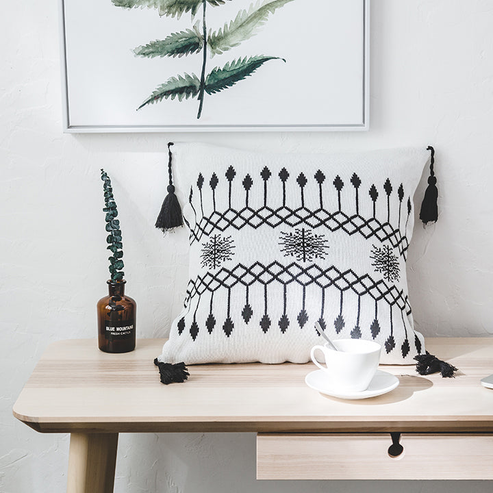 Nordic Knitted Gray Stripe Pillow Cover with Tassel Design