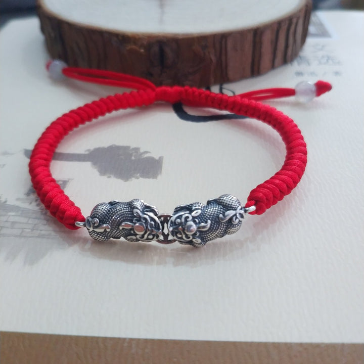 925 Sterling Silver Bitten Coin Double Pixiu Red String Bracelet