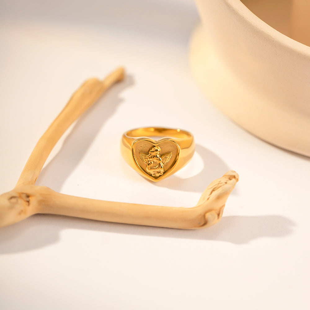Heart Angel Gold Plated Stainless Steel Chunky Ring