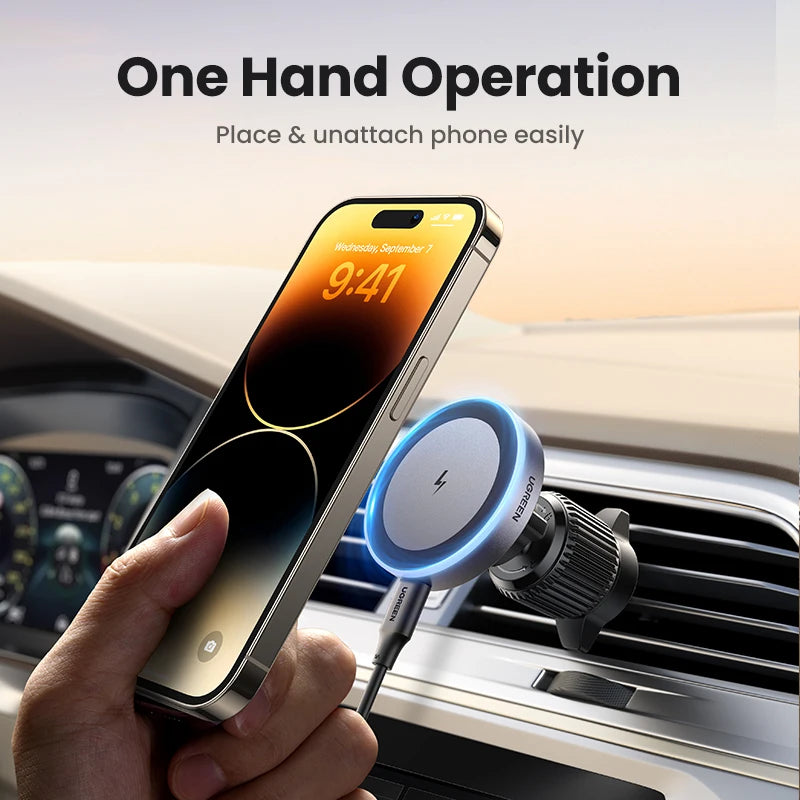 Magnetic 15W Qi2 Wireless Car Charger with LED Light & Air Vent Clip