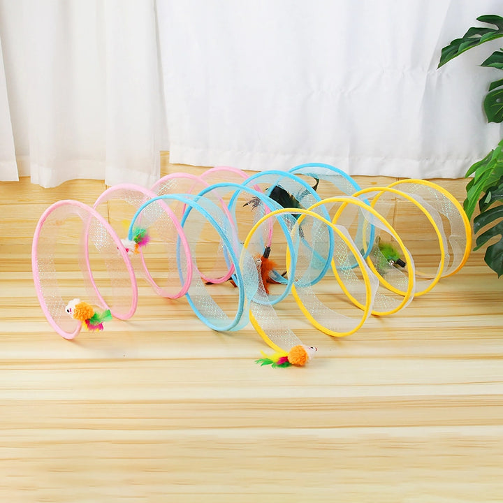 Interactive Foldable Cat Tunnel with Feather Toys and Mouse