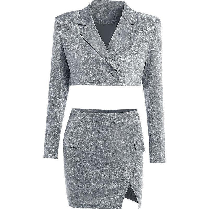 Sexy Cutout V-neck Long Sleeve Slim-fit Shiny Suit Top Skirt Two-piece Suit