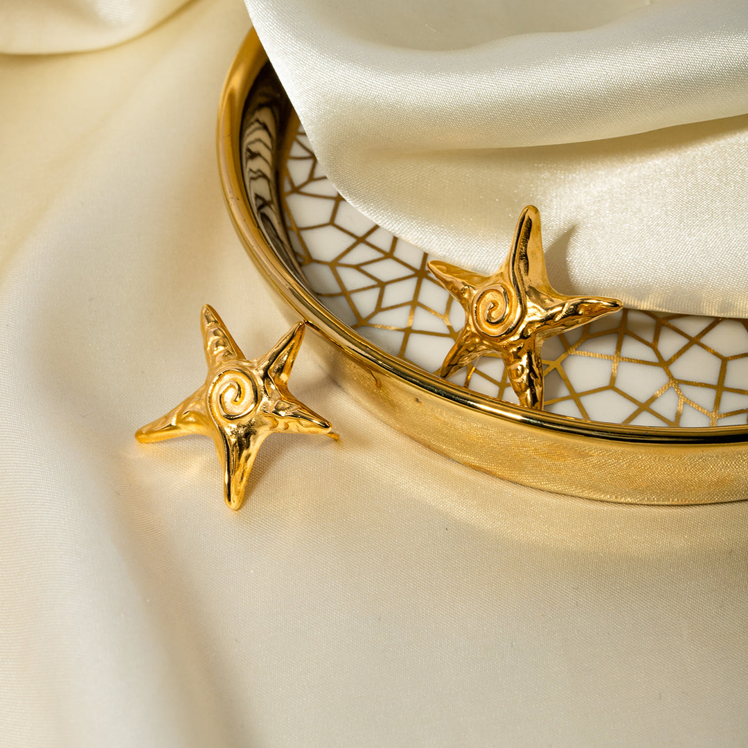 18K Gold Plated Stainless Steel Star Spiral Stud Earrings - Waterproof, Vintage-Inspired Chic