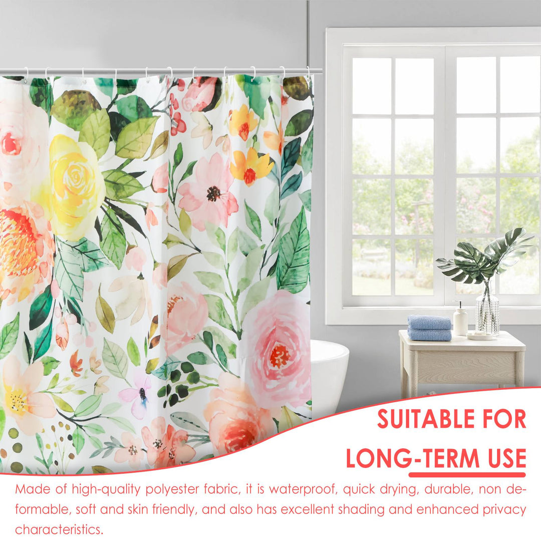 Waterproof Anti-Mold Floral Shower Curtain with 12 Hooks