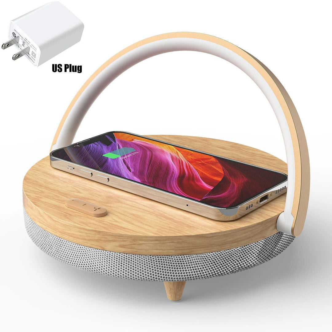 3-in-1 Wooden Wireless Charger with LED Lamp & Bluetooth Speaker