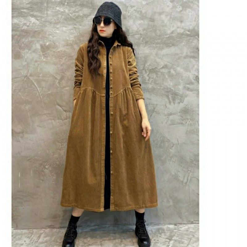 Retro Artistic Corduroy Women's Dust Coat Spring Long Below The Knee Outer Wear Corduroy Loose