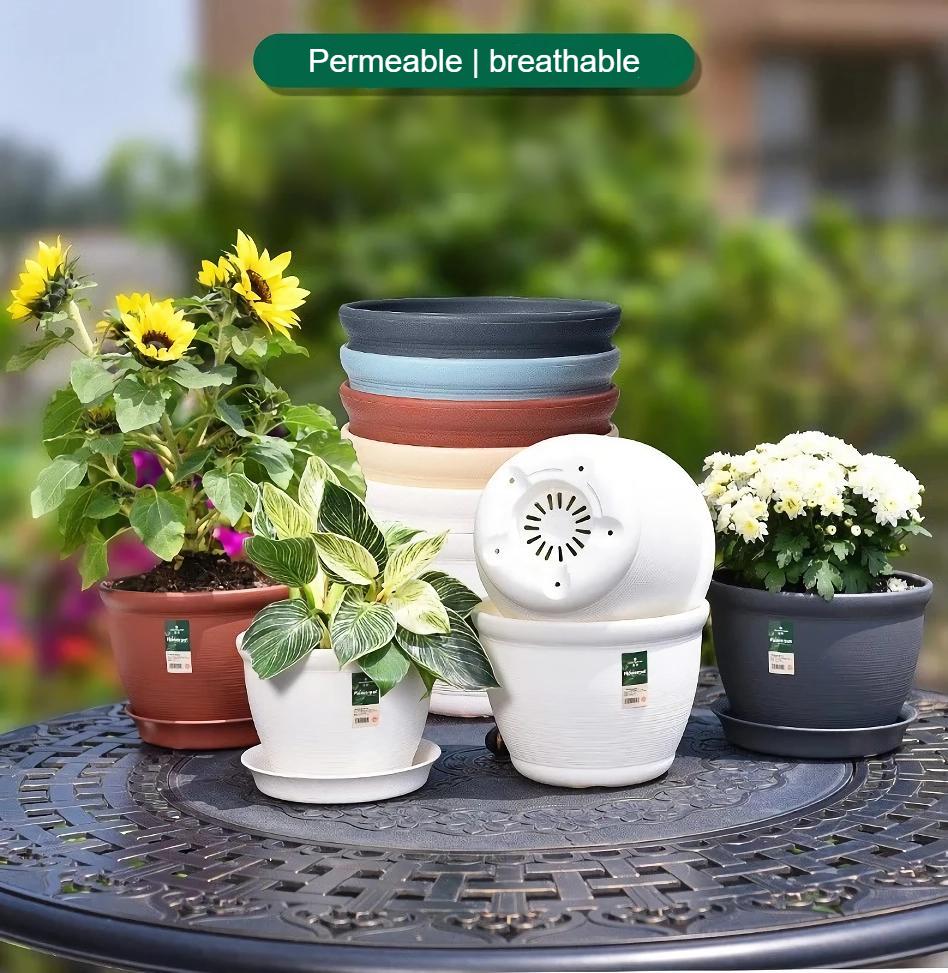 Round Ceramic Style Indoor Plant Pot with Tray