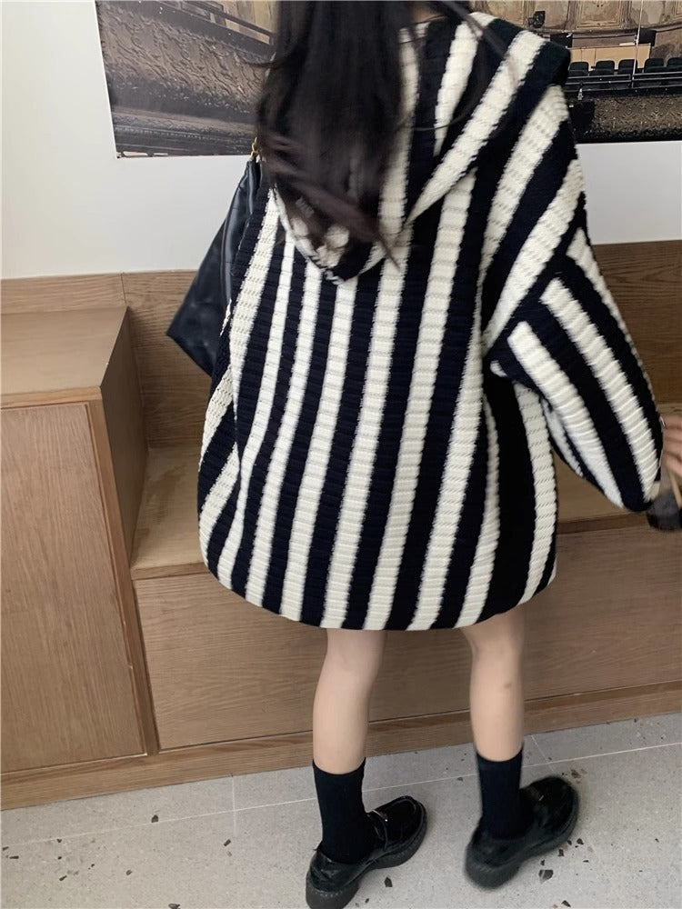 Women's Autumn V-neck Sweater Coat Hooded Striped Cardigan