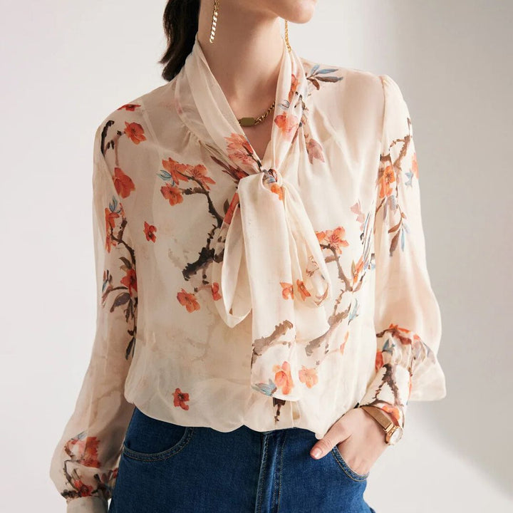 Elegant Floral Silk Blend Bow Collar Blouse