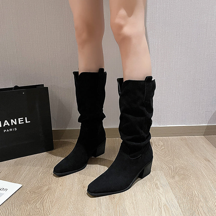 Casual Thick Heel Pointed Pleated Mid-calf Length Loose Socks Boots