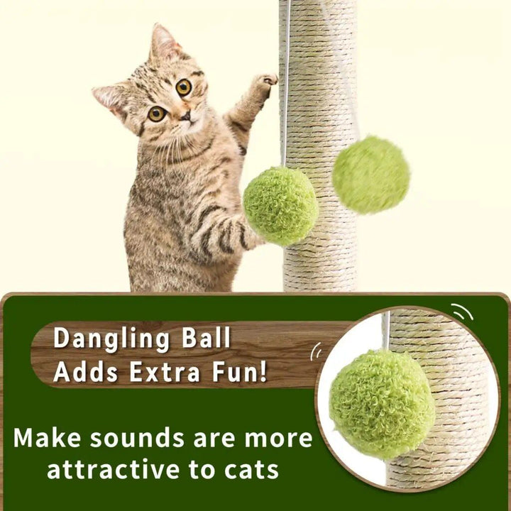 Green Leafy Cat Scratching Post with Sisal Rope and Playful Balls