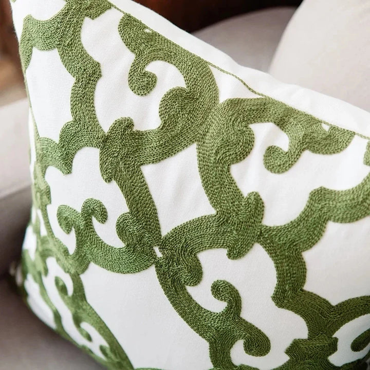 Green Geometric Embroidered Cushion Cover - 18x18 Inches, Cotton Canvas