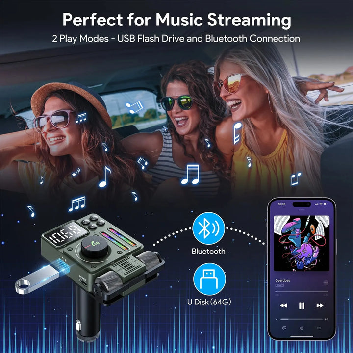 Bluetooth 5.3 FM Transmitter with Adjustable Treble, Bass & PD30W Fast Charging