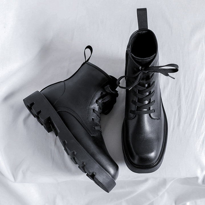 Korean Platform Black Leather Ankle Boots with Zipper