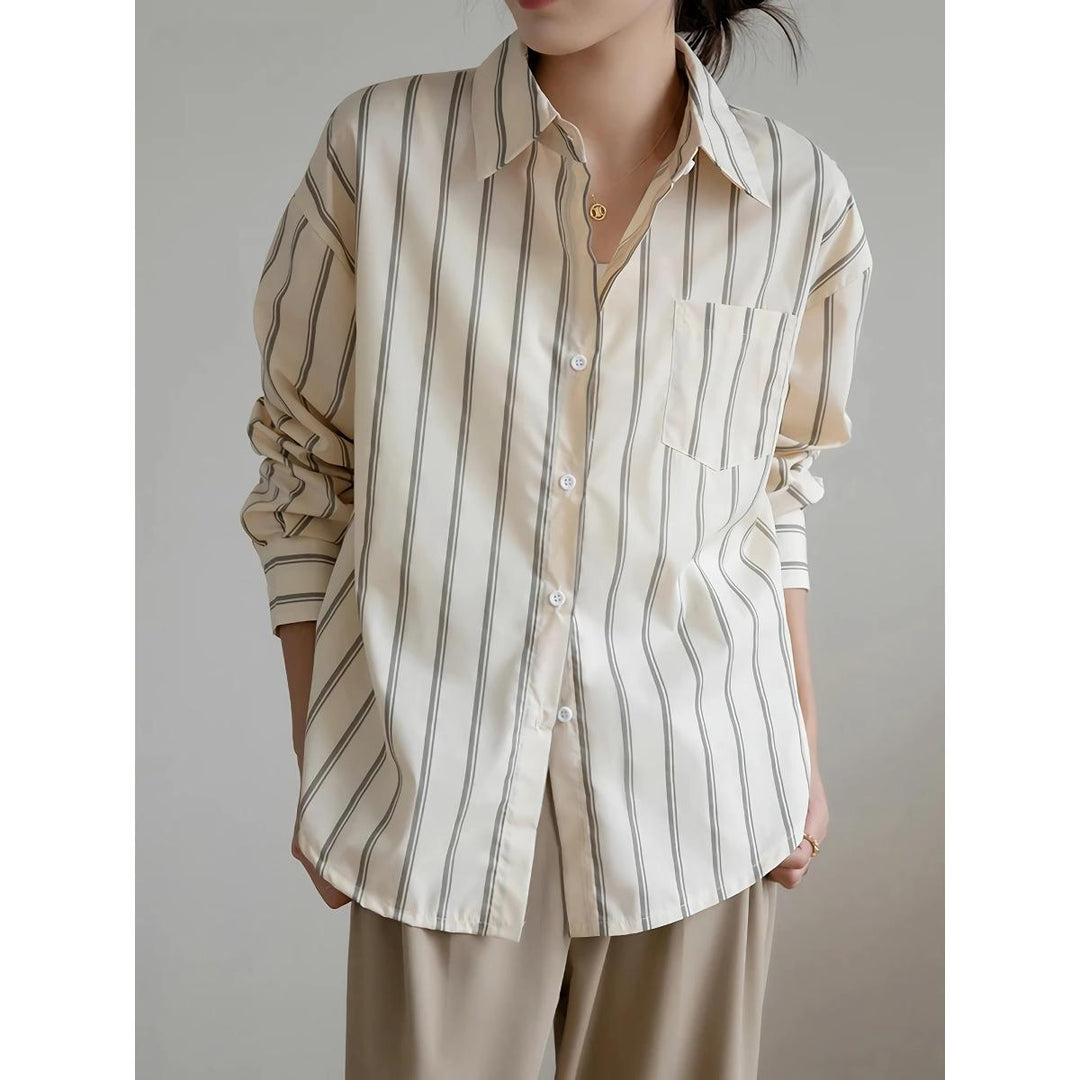 Elegant Striped Office Blouse with Drop Shoulder Design