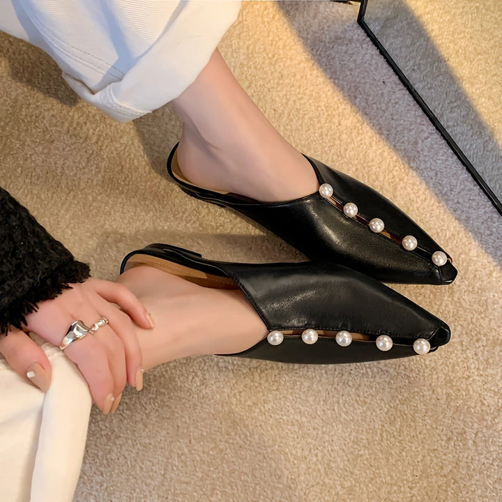 Stylish Pearl Embellished Leather Mules