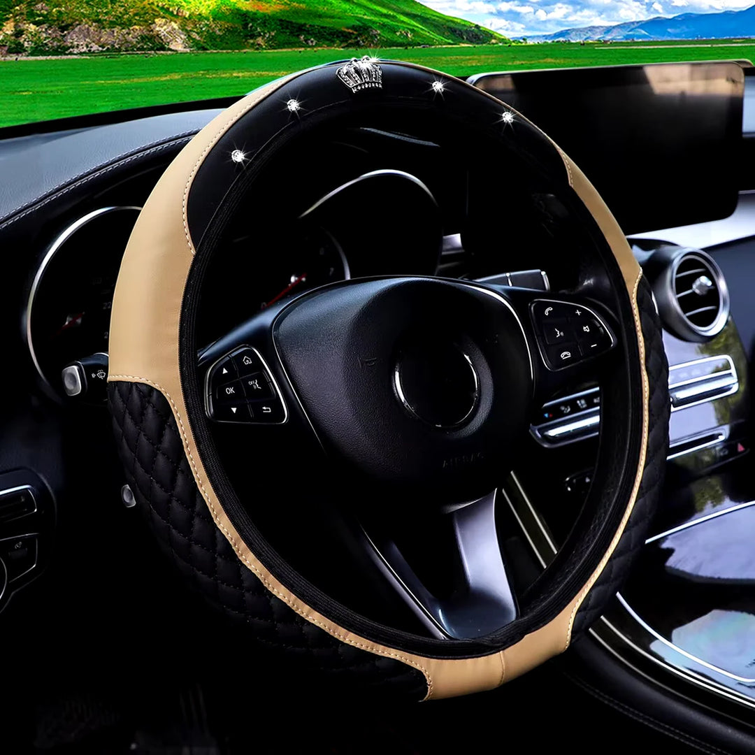 Luxury Leather Diamond Crown Steering Wheel Cover