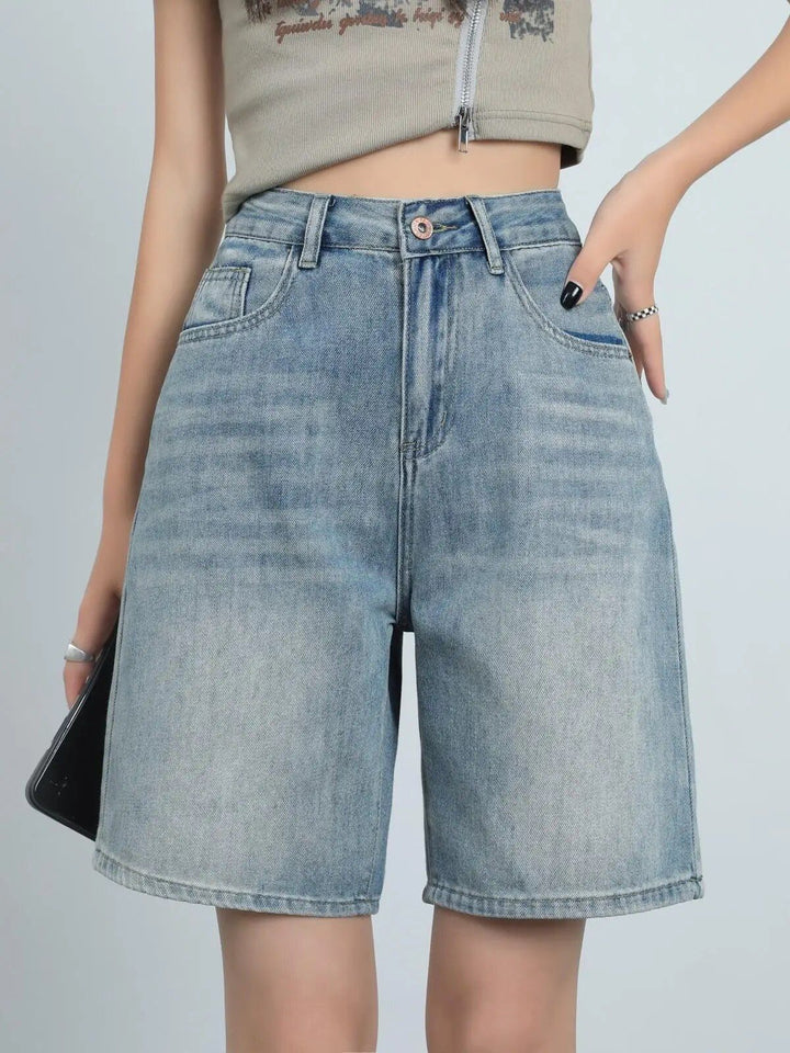 High Waist Knee Length Denim Shorts for Women