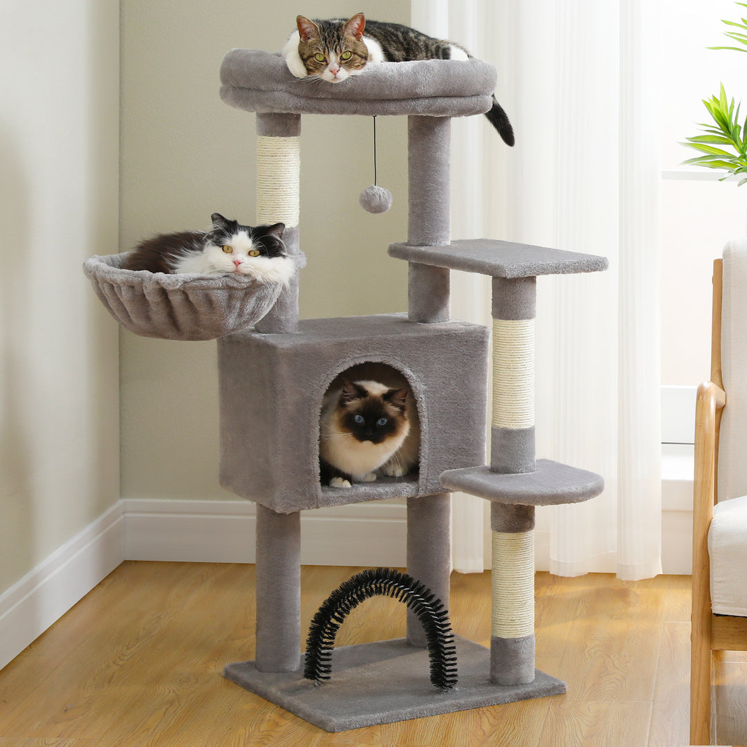 120CM Cat Tree Condo with Self-Grooming Brush, Scratching Post, Perch House, and Hanging Ball Toy