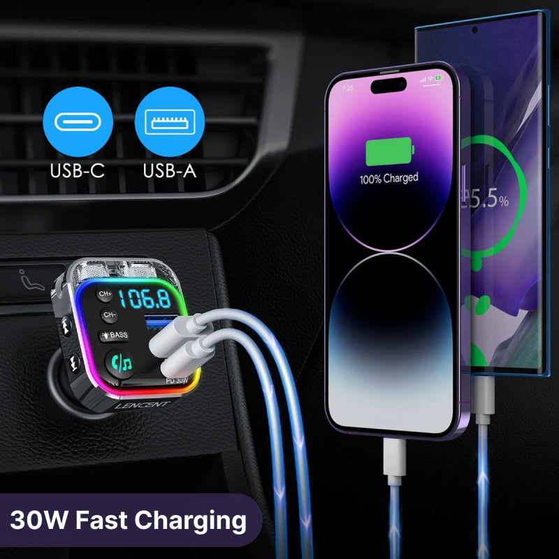 Bluetooth 5.3 FM Transmitter with 30W PD & QC3.0 Fast Charger