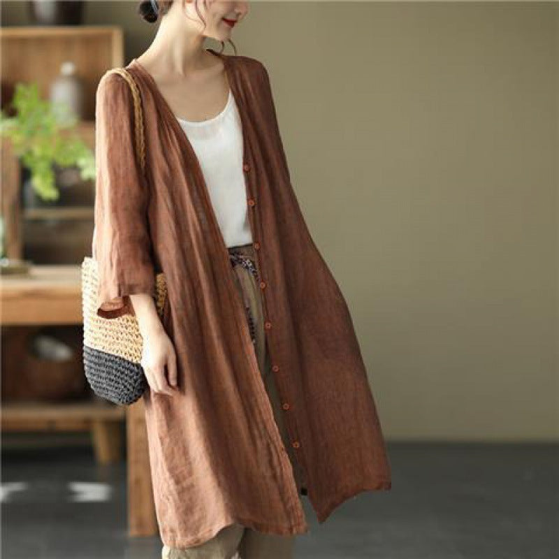 Artistic Plus Size Loose Mid-length Cotton And Linen Shirt Solid Color