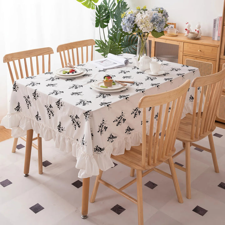 Embroidered Floral Cotton Tablecloth with Ruffled Edges