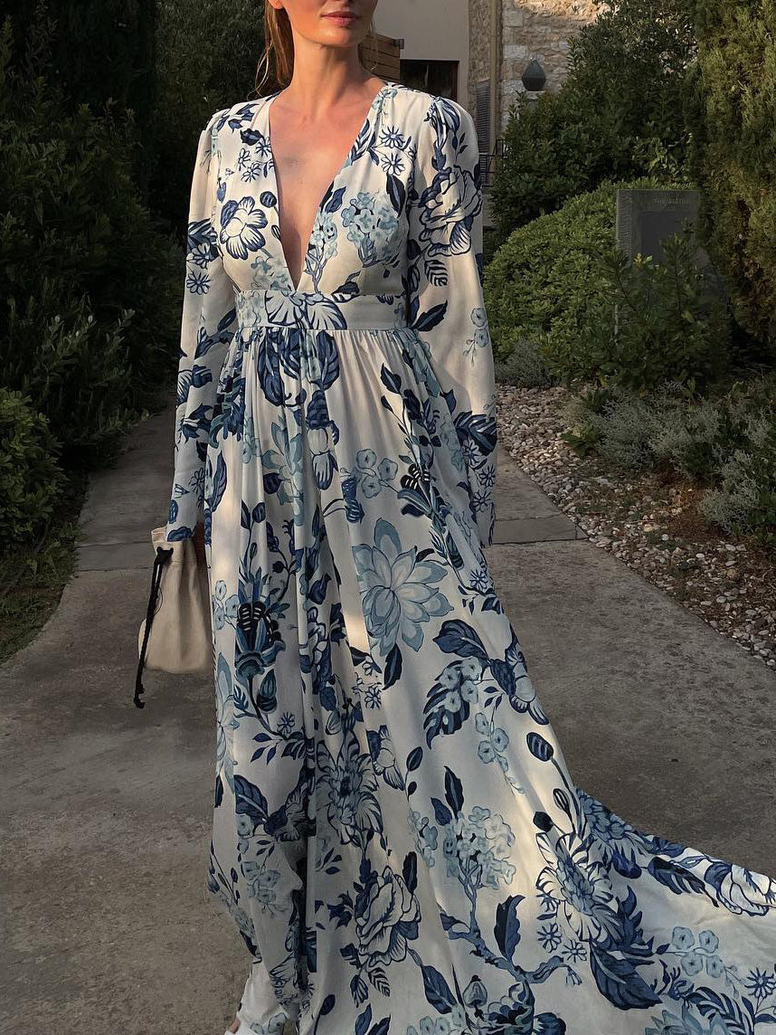 Printed Long-sleeved Backless Maxi Dress