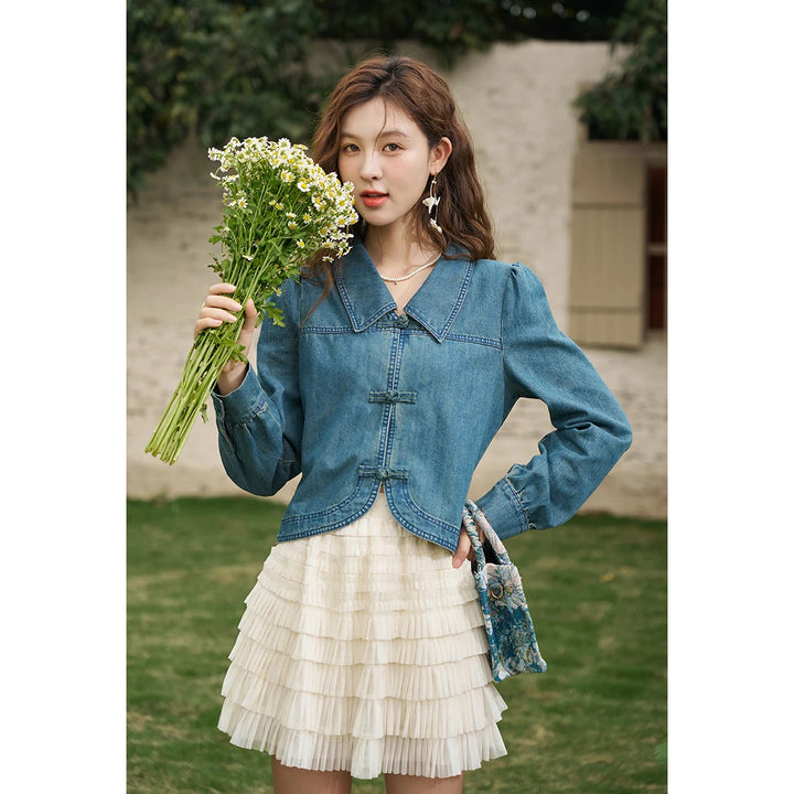 Casual Denim Shirt with Turn-down Collar