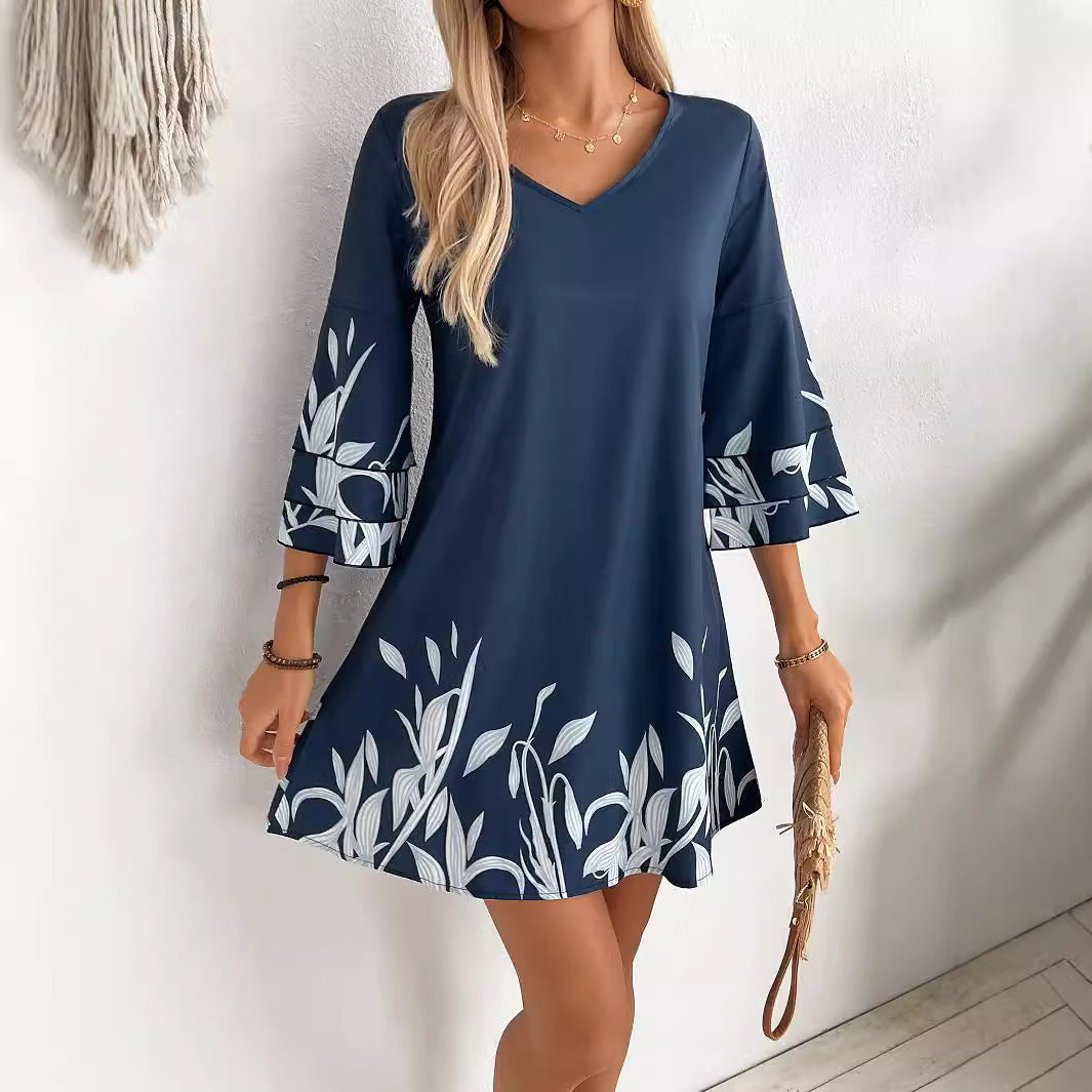 Women's Fashion Lotus Sleeve Floral Print Dress