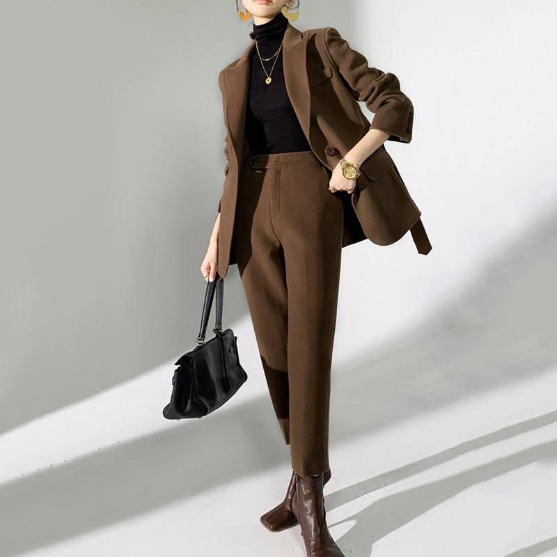 Autumn Winter Elegant Woolen Pant Suits with Belted Jackets and Warm Trousers for Women