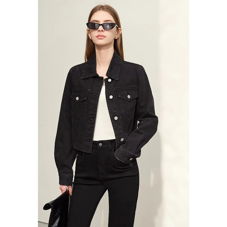 Chic Autumn Short Black Denim Jacket with Turn-down Collar