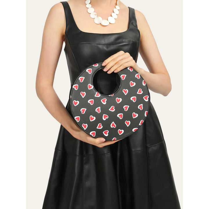 Chic Round Vegan Leather Heart-Print Crossbody Bag
