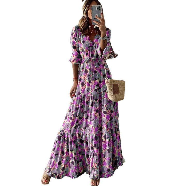 European And American Women's Temperament Vacation V-neck Printing Swing Long Dress