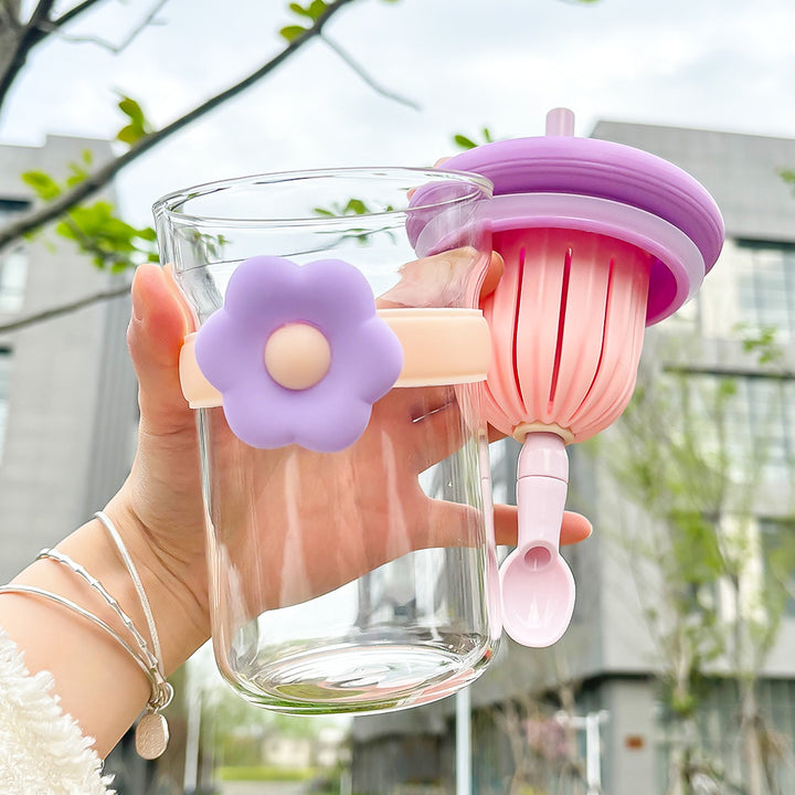 Flower Glass Cup with Lid, Straw, and Infuser