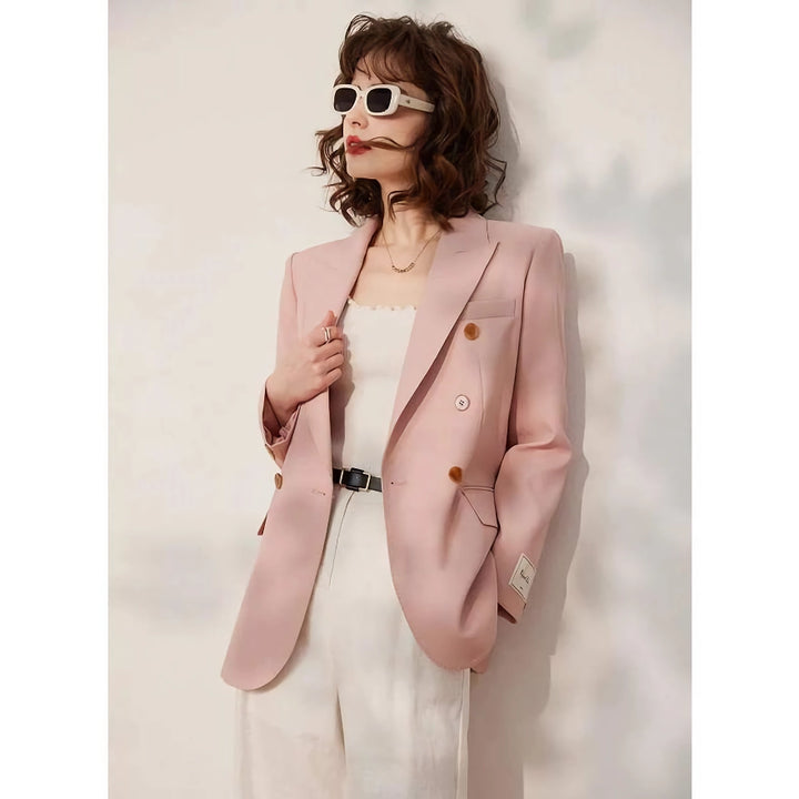 Spring Pink Double Breasted Blazer for Women - Stylish Office Suit Jacket