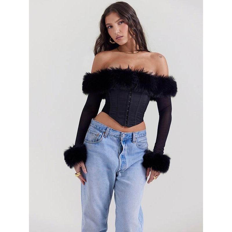 Elegant Feather Strapless Backless Sheer Long Sleeve Sexy T-Shirt