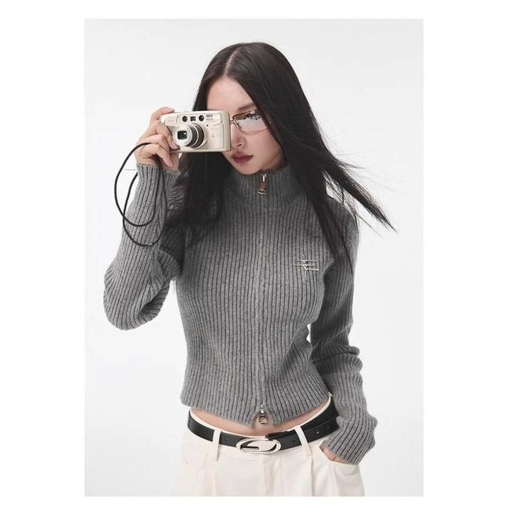 Y2K Gyaru Grey Zipper Cardigan